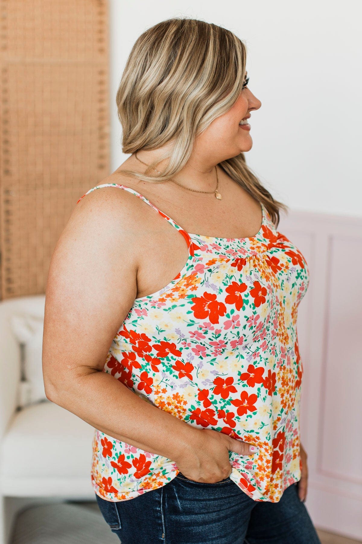 Quite Exceptional Floral Tank Top- Ivory & Orange