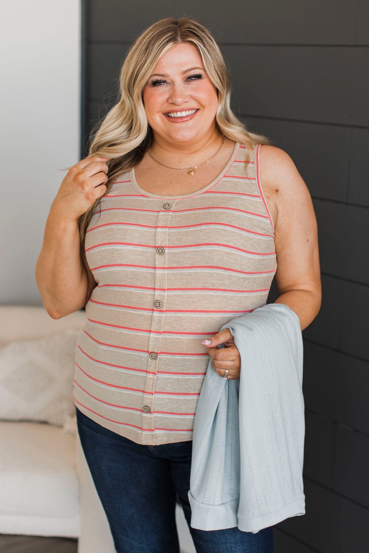 Never Anyone Else Striped Tank Top- Oatmeal & Coral