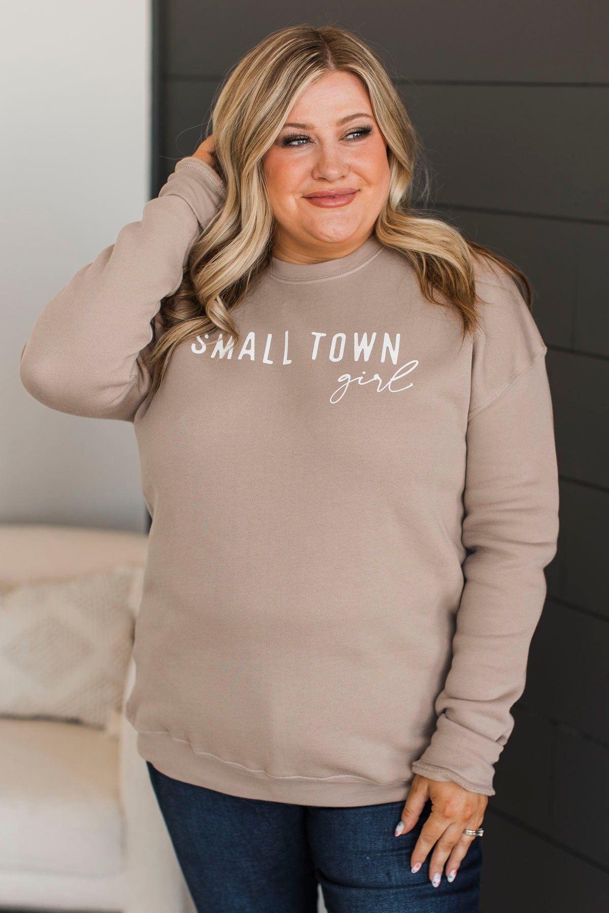 "Small Town Girl" Crew Neck Pullover- Tan