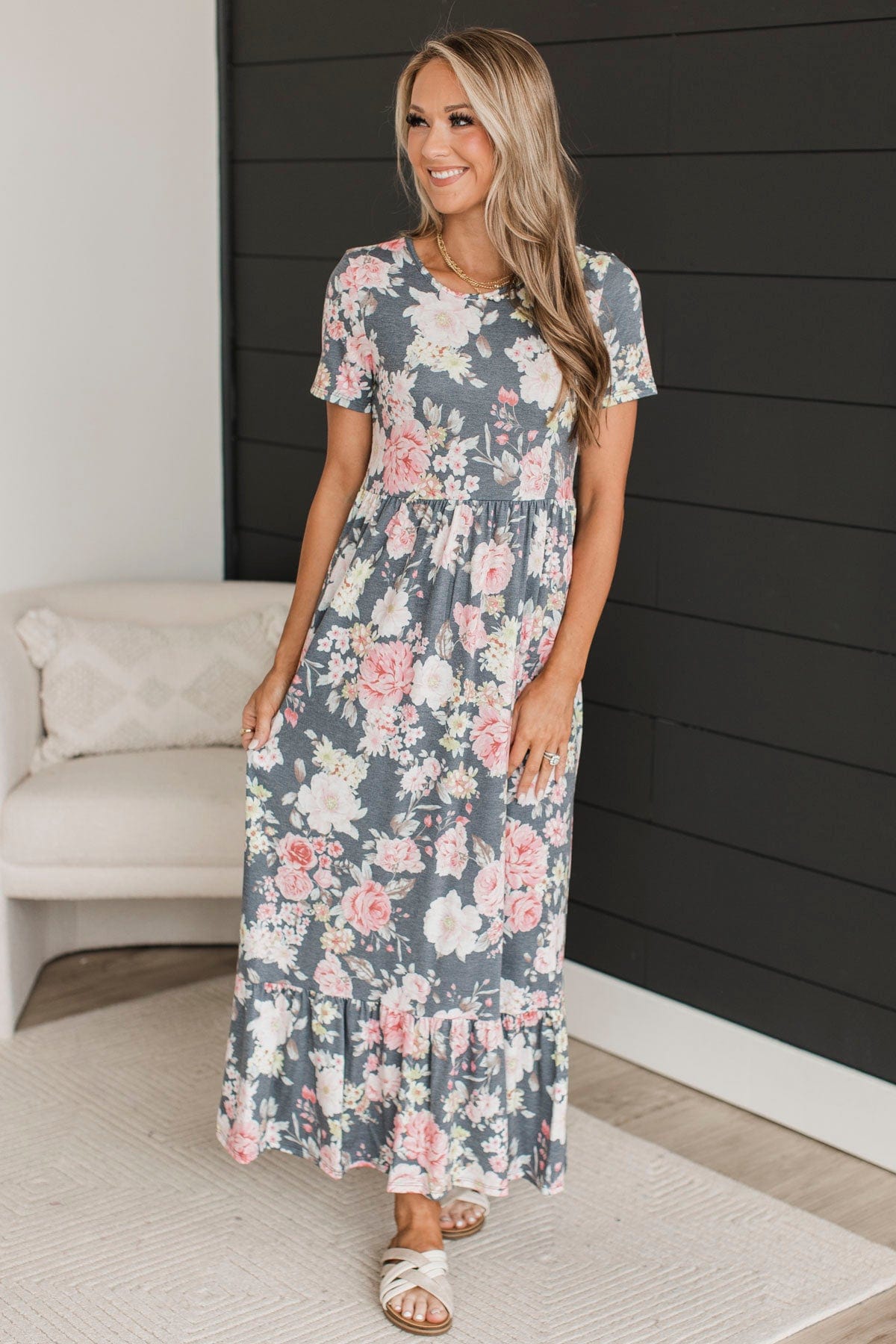 One Last Look Floral Maxi Dress- Charcoal & Pink