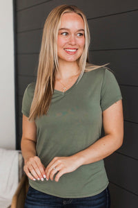 Something To Cling To V-Neck Top- Olive