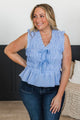 Be Inspired Smocked Sleeveless Peplum Blouse- Blue Gingham