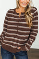 Whispering Hearts Striped Button Up Cardigan- Plum Brown
