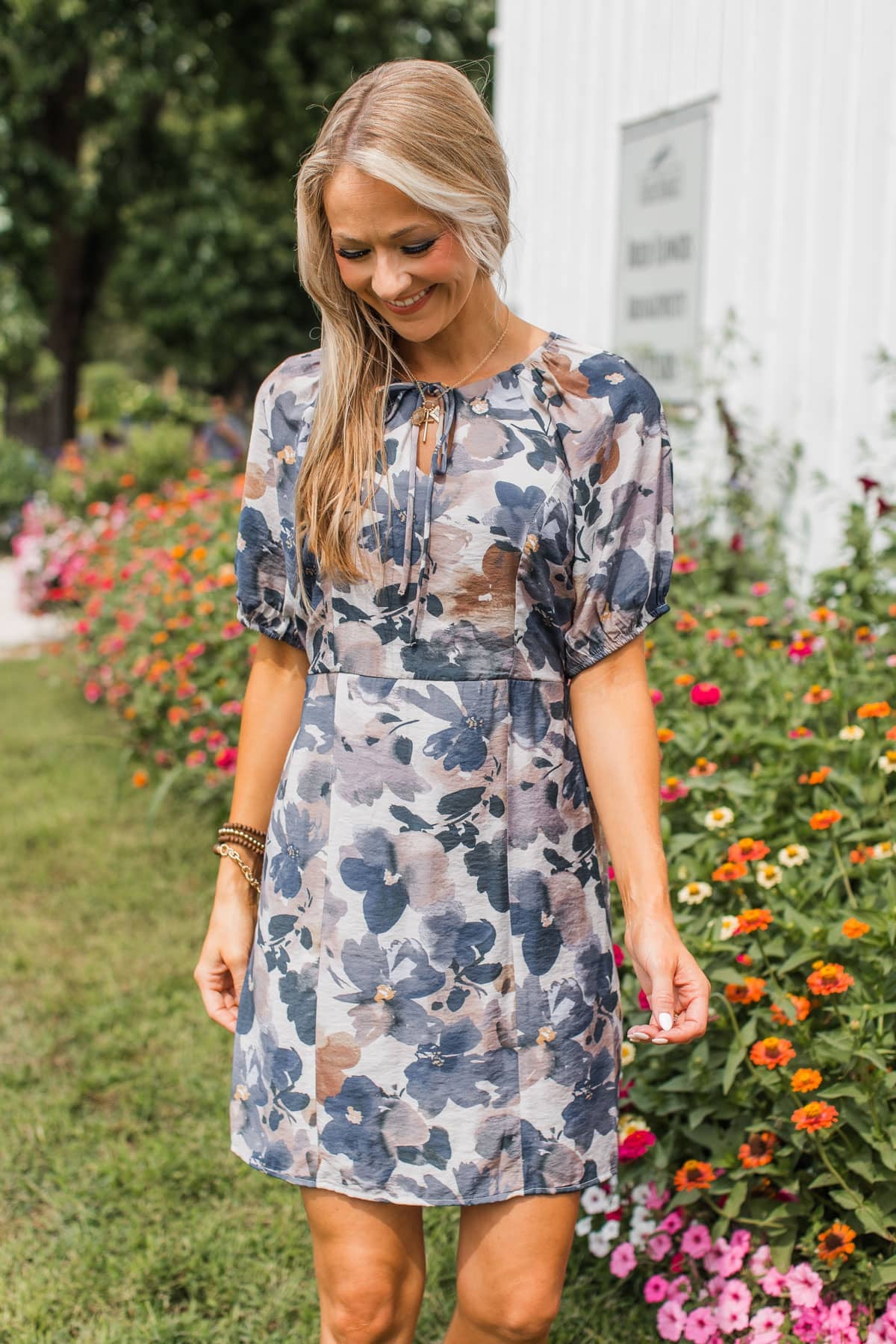 Symphony of Hearts Floral Mini Dress- Navy & Cream