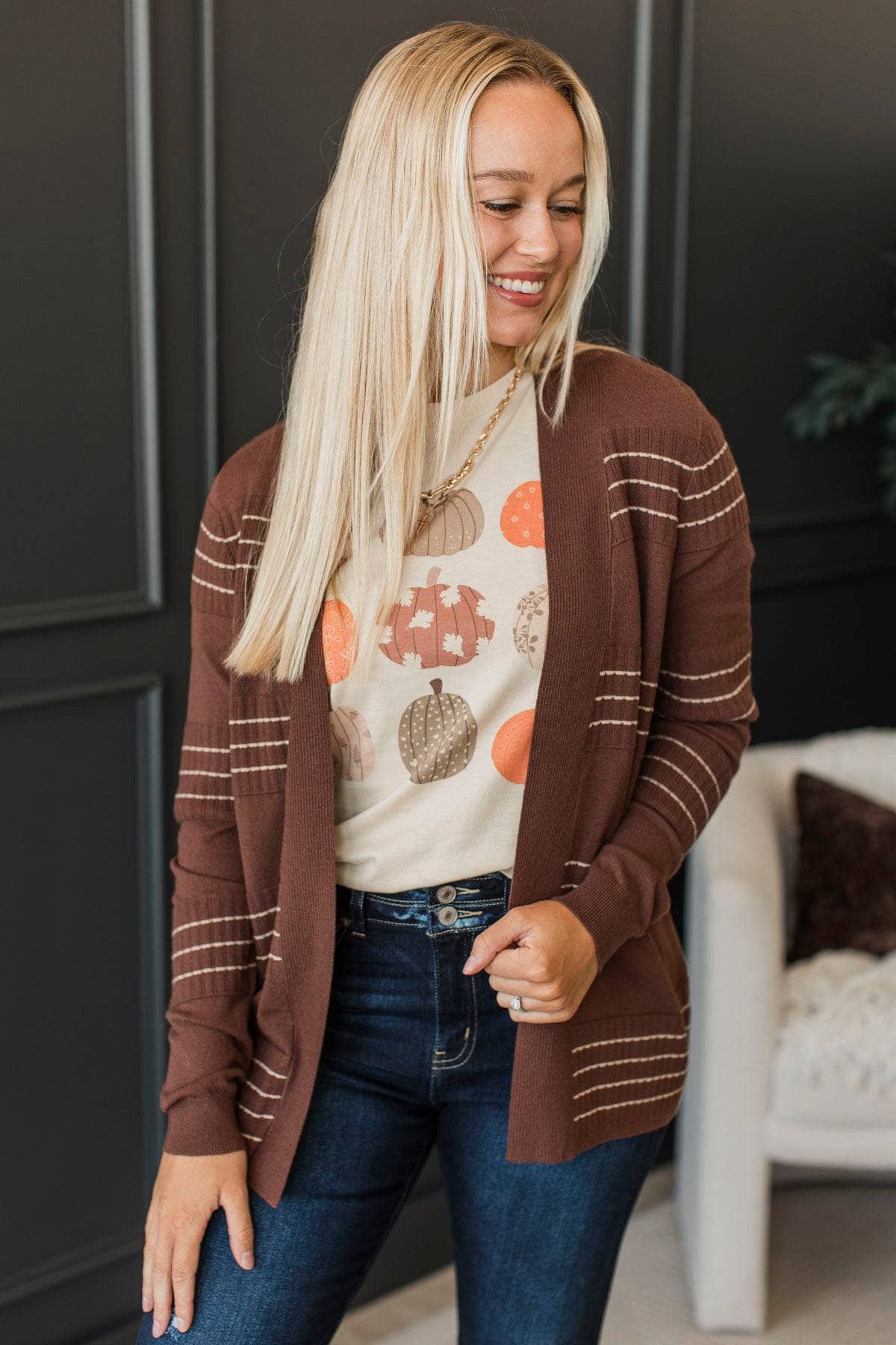 Keep In Mind Stitch Stripe Cardigan- Chocolate