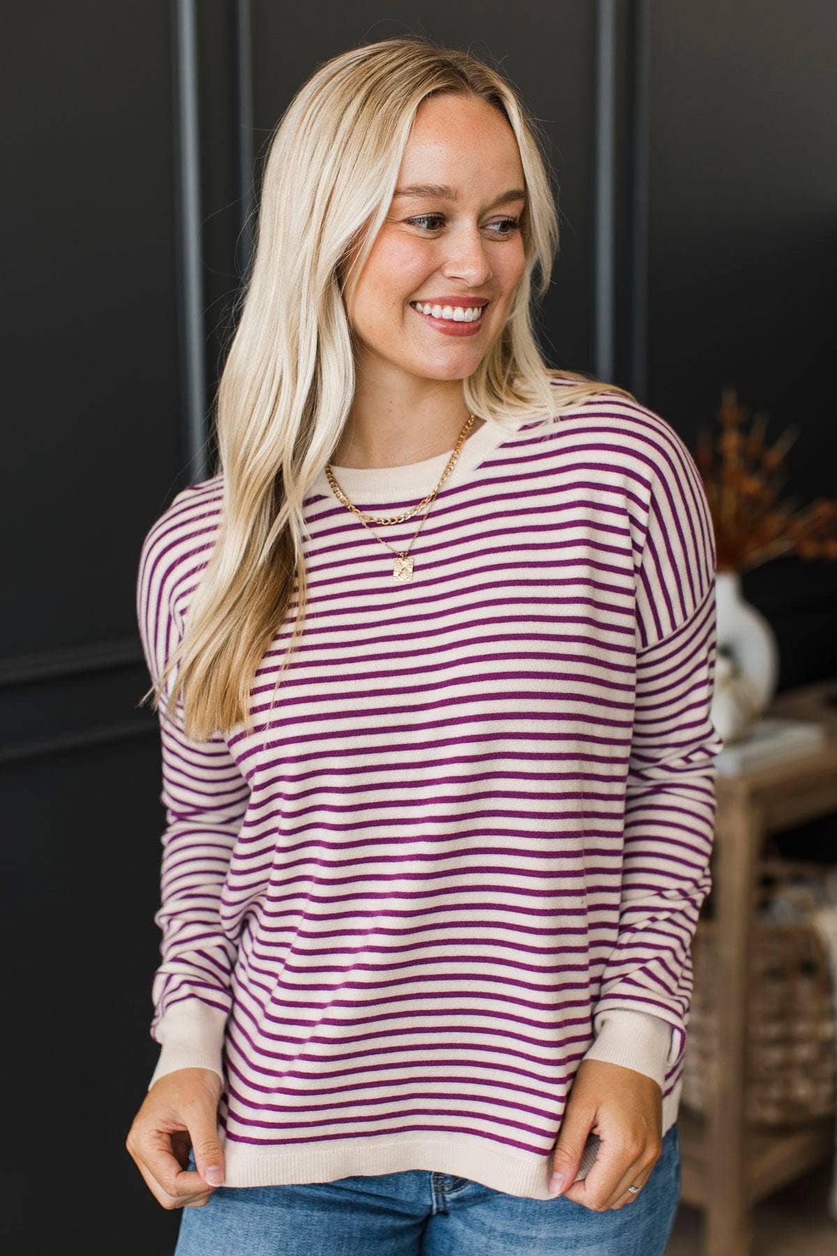 Big Statements Striped Knit Sweater- Ivory & Magenta