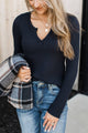 Just Living Long Sleeve Notched Top- Navy