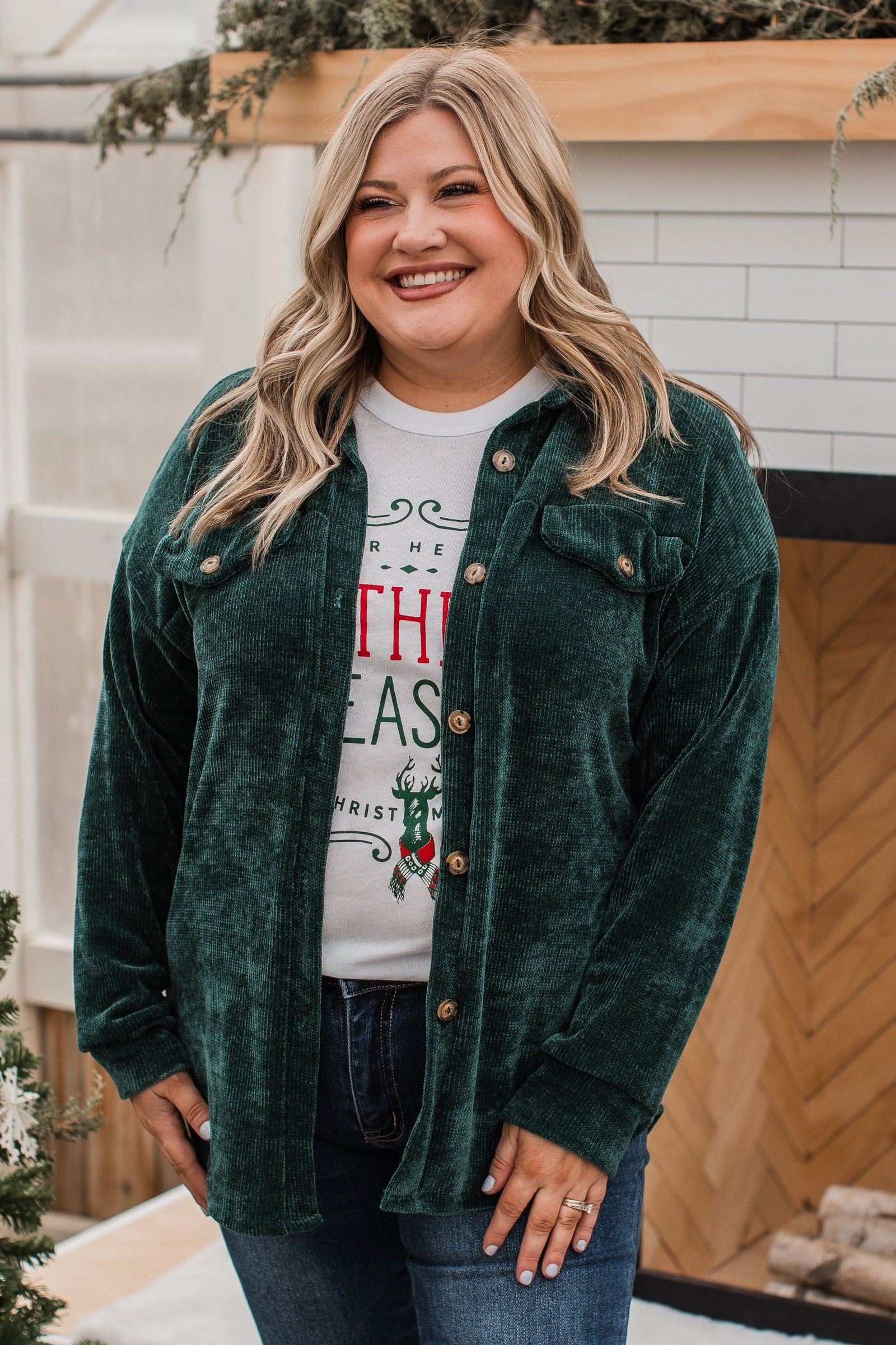Cause For Applause Knit Button Top- Forest Green