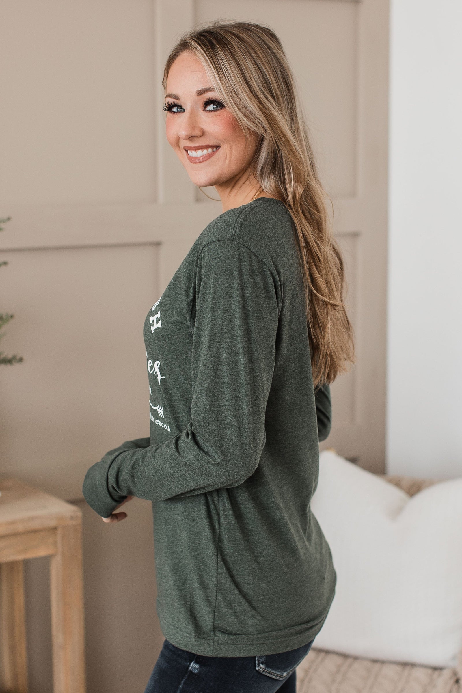 "Farm Fresh Christmas Trees" Long Sleeve Graphic Top- Hunter Green