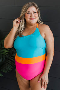 Ocean Outings One-Piece Swimsuit- Blue, Orange, & Pink
