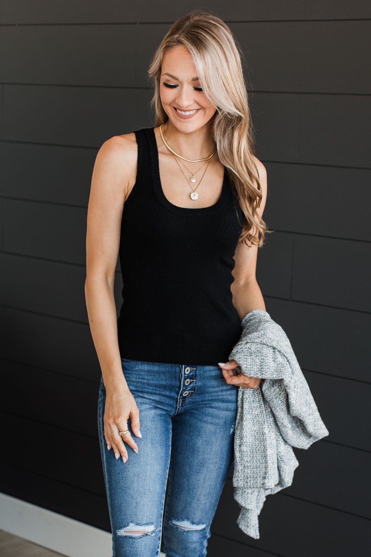 Worth A Shot Ribbed Knit Tank Top- Black