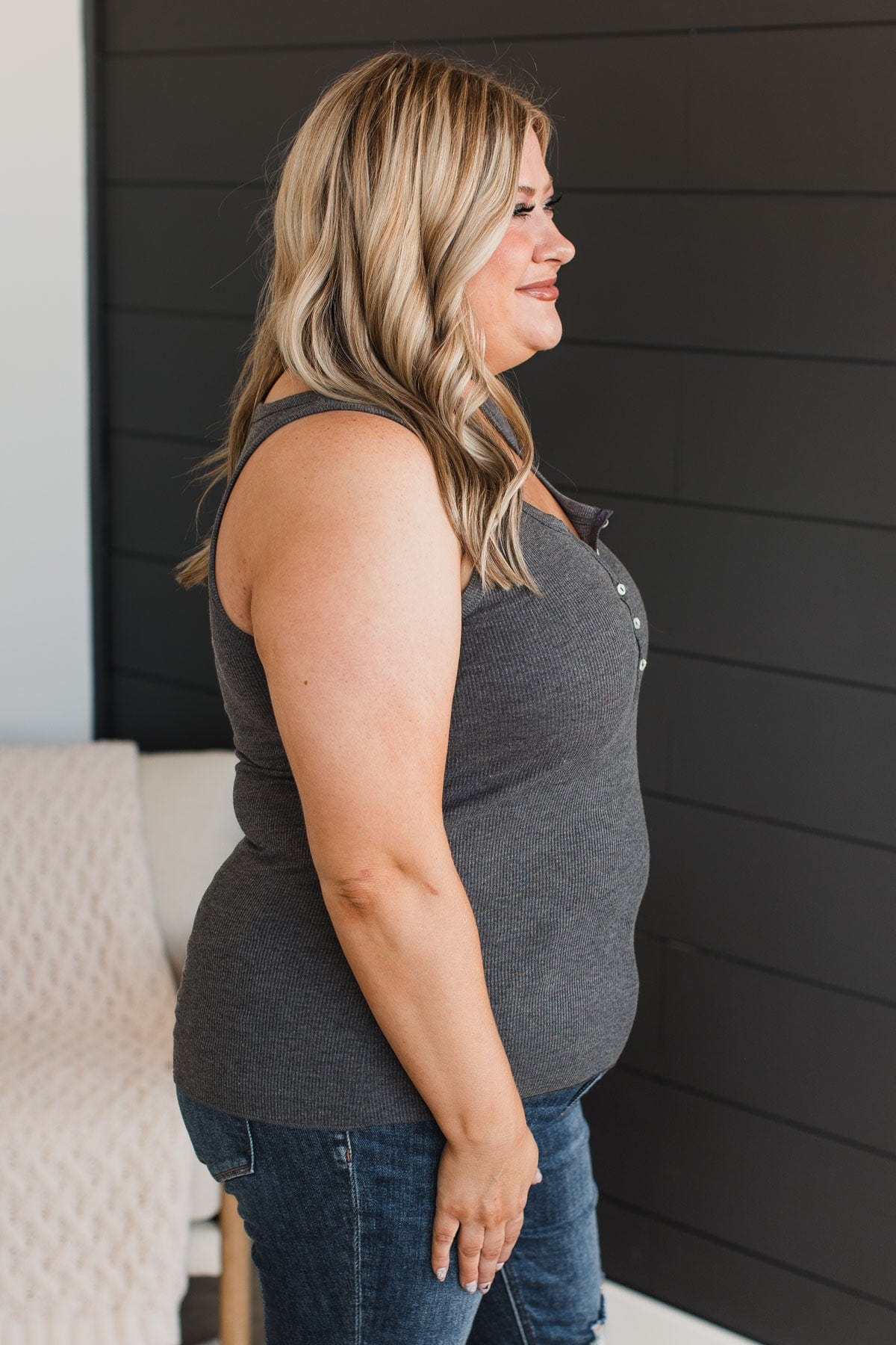 Bound To Be Beautiful Henley Tank Top- Charcoal