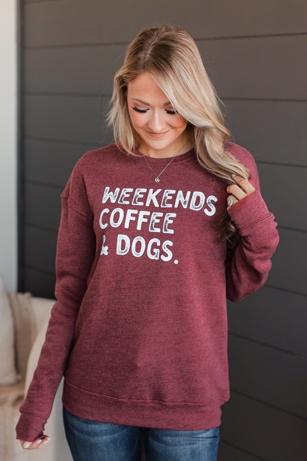 "Weekends, Coffee, & Dogs" Crew Neck- Maroon