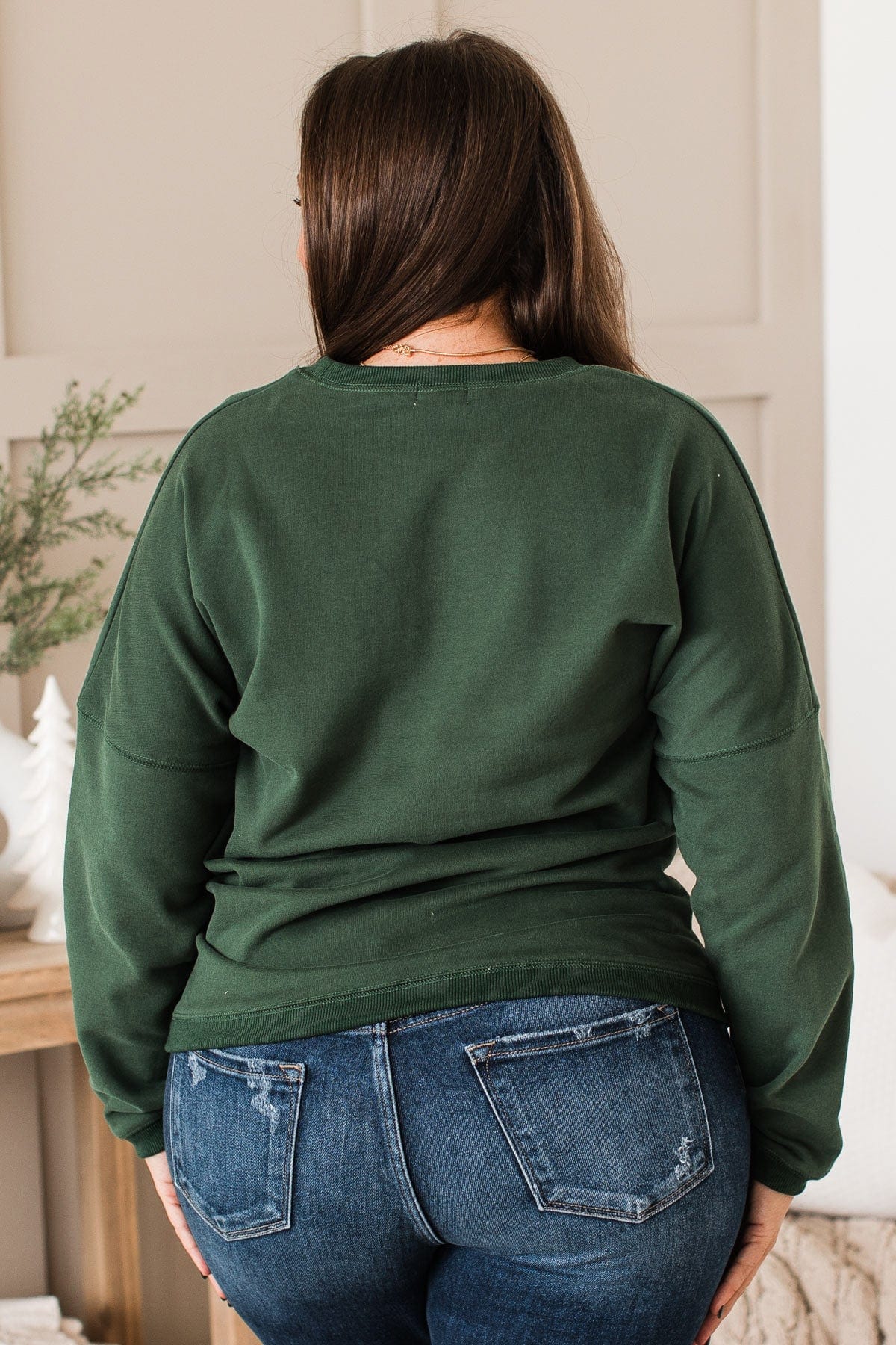 "Merry" Embroidered Crew Neck Pullover- Hunter Green