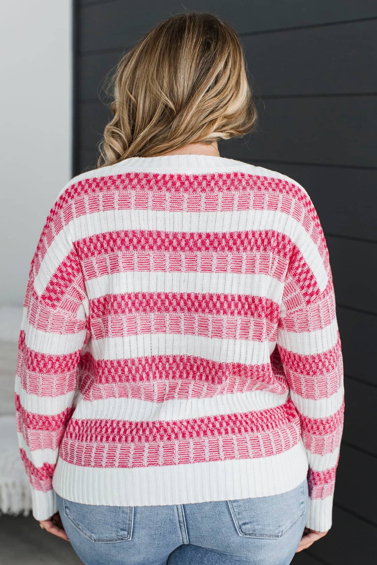 Smiling Through Life Knit Stripe Sweater- Ivory & Hot Pink