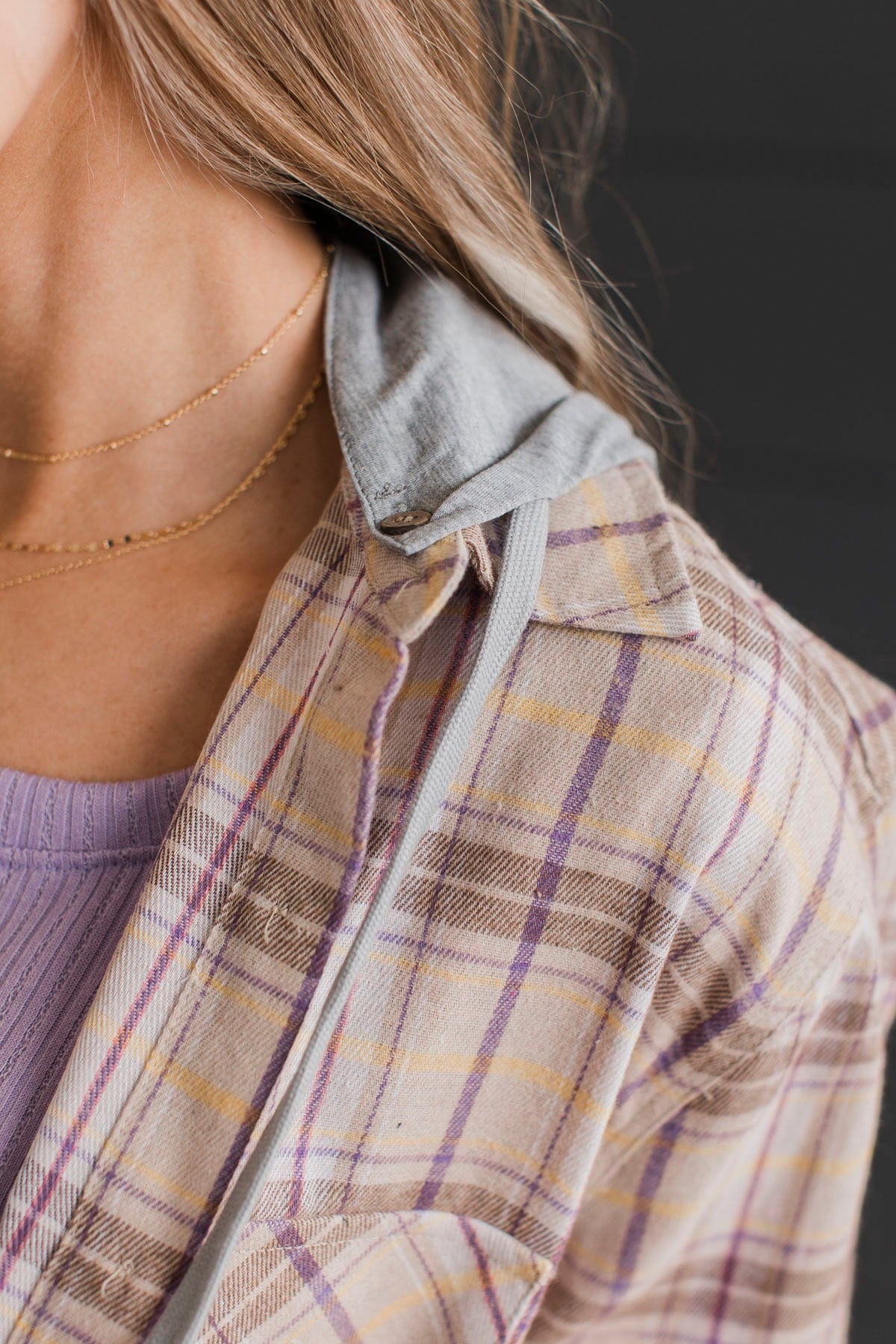 New Ambitions Plaid Button Top- Taupe & Lavender