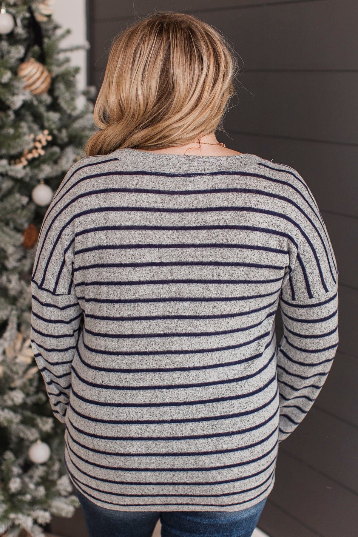 Look Within Striped Knit Top- Heather Grey & Navy
