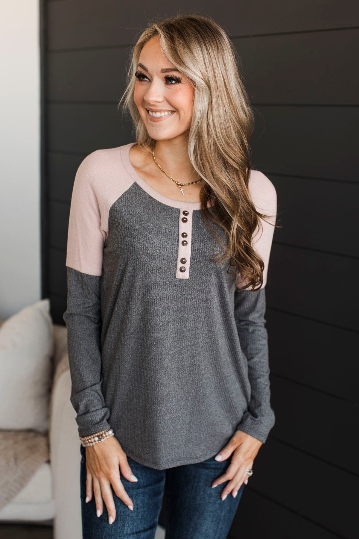 In The Works Button Knit Top- Mauve & Grey