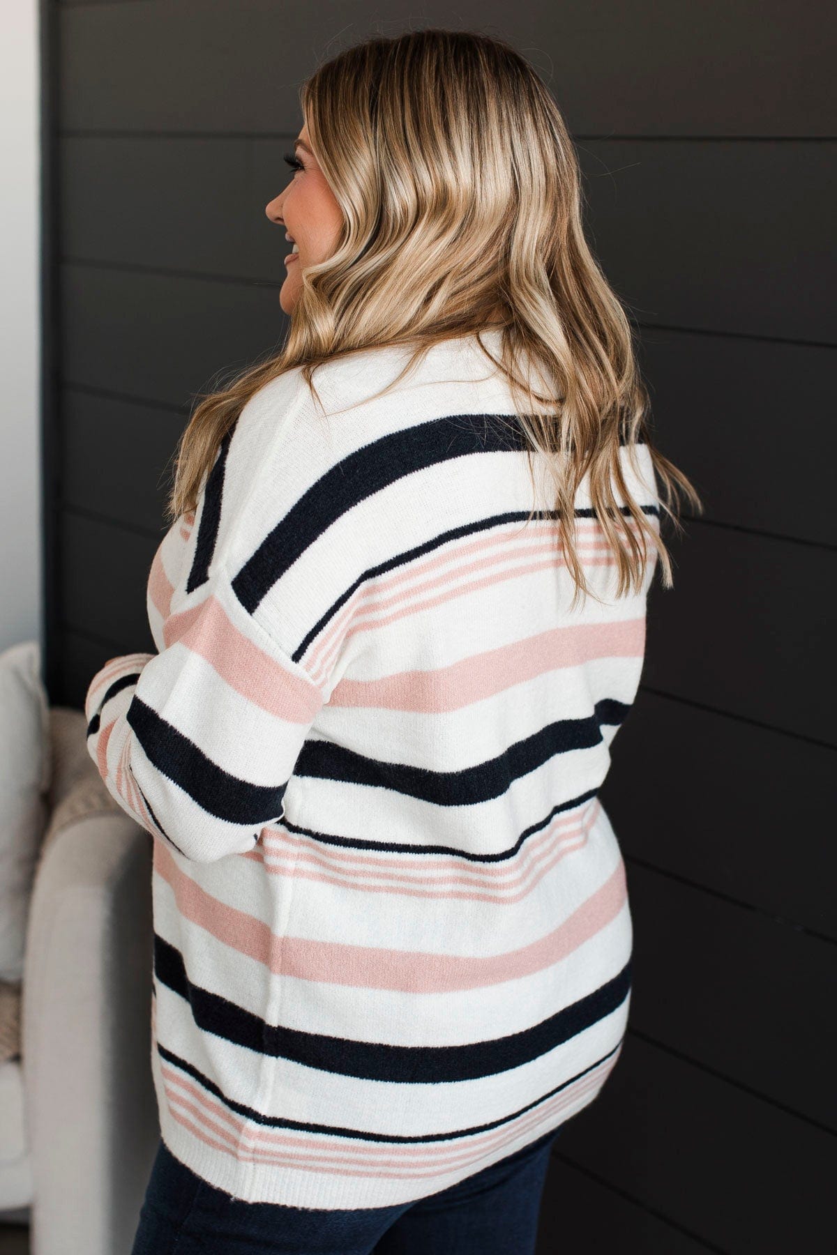 Magic In The Air Striped Sweater- Ivory, Dark Navy, & Pink