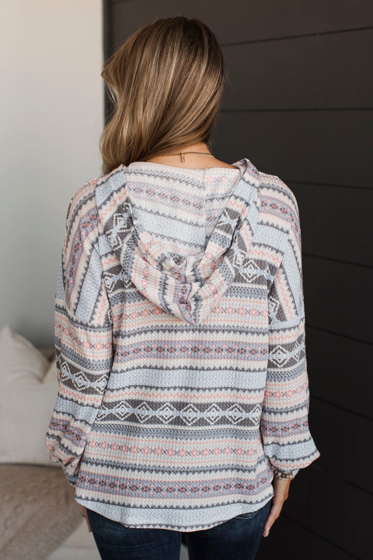 Find Your Groove Aztec Hooded Top- Charcoal & Pink