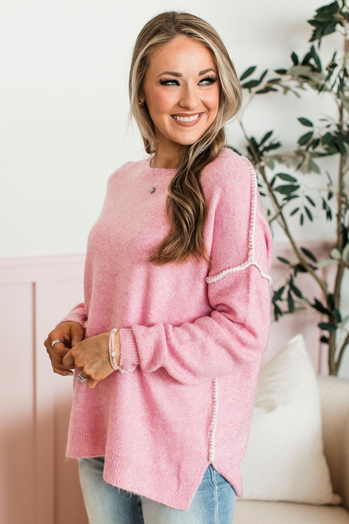 Can't Change My Mind Knit Sweater- Pink