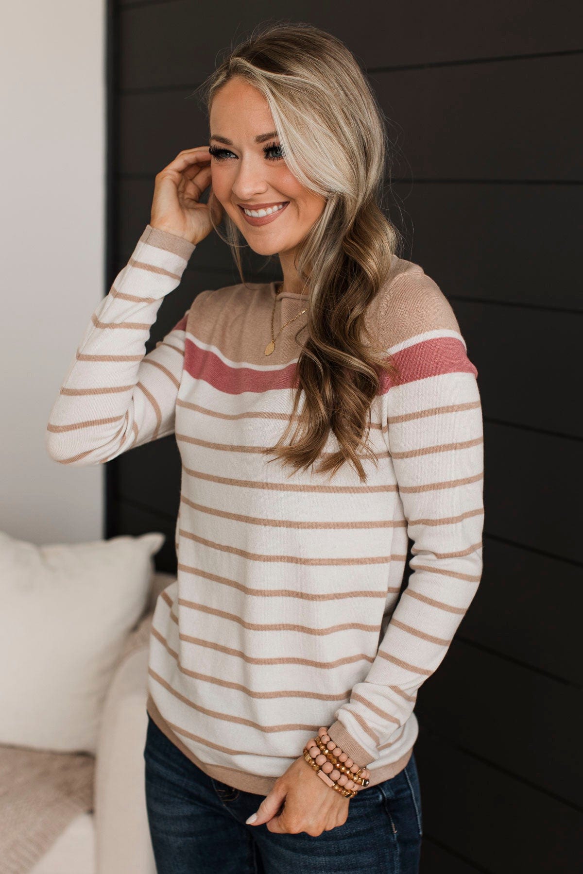 Can't Stay Away Striped Sweater- Taupe & Rose