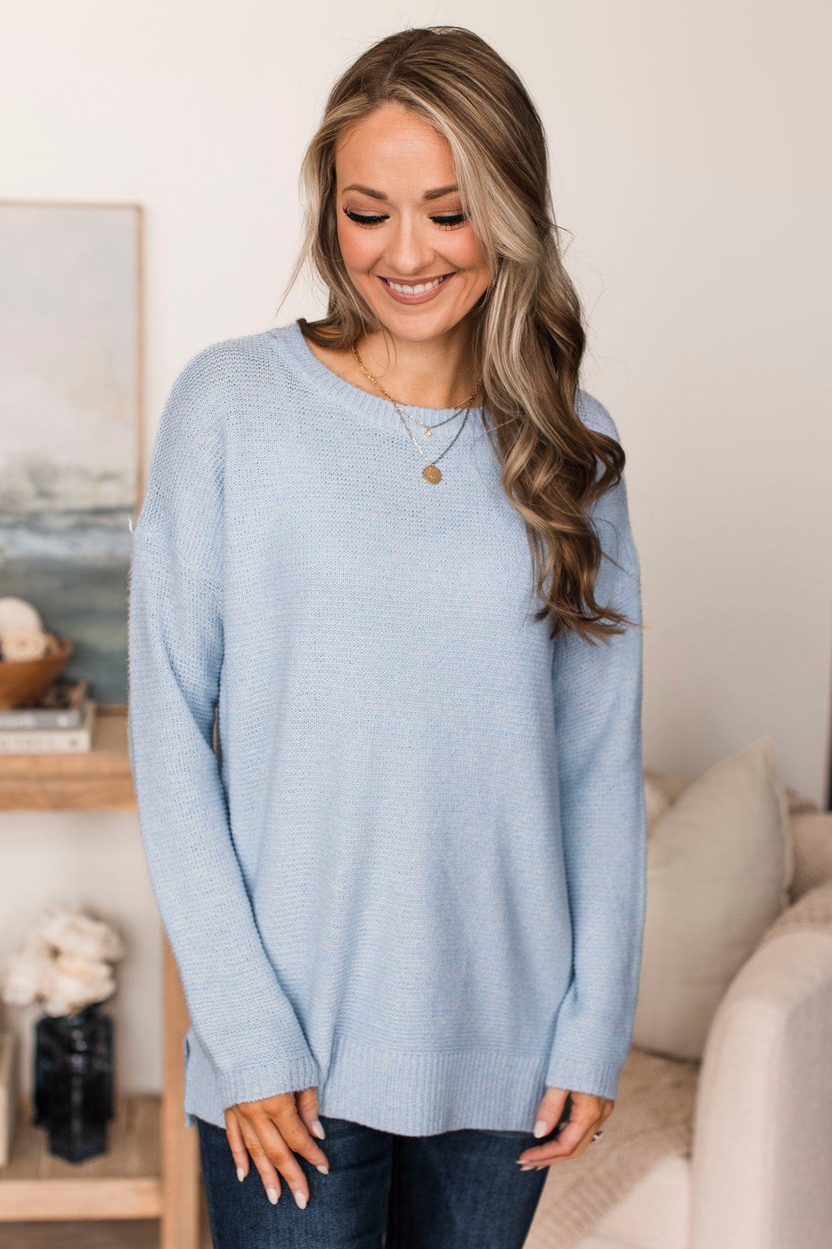 Reaching Out To You Knit Sweater- Baby Blue