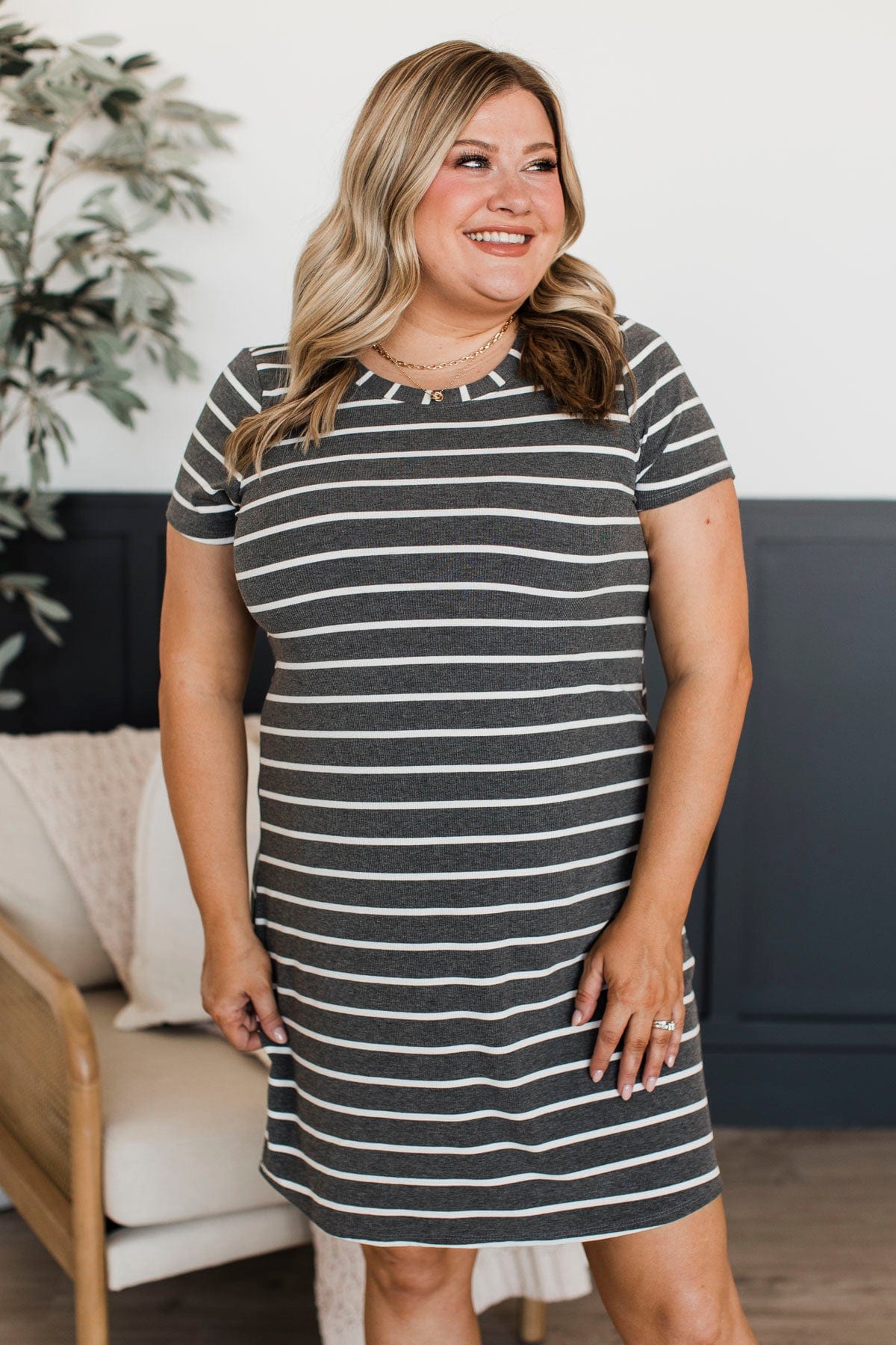 plus size black and white striped dress Delightfully Sweet Striped Dress- Charcoal & White