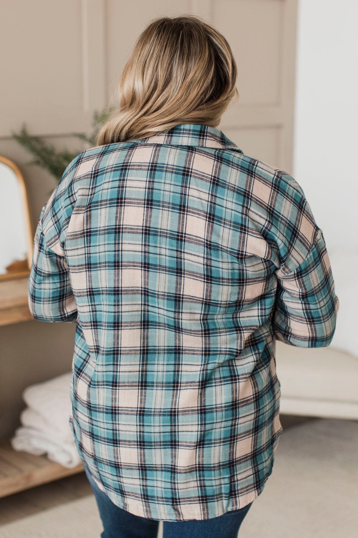 For Another Time Plaid Button Top- Teal
