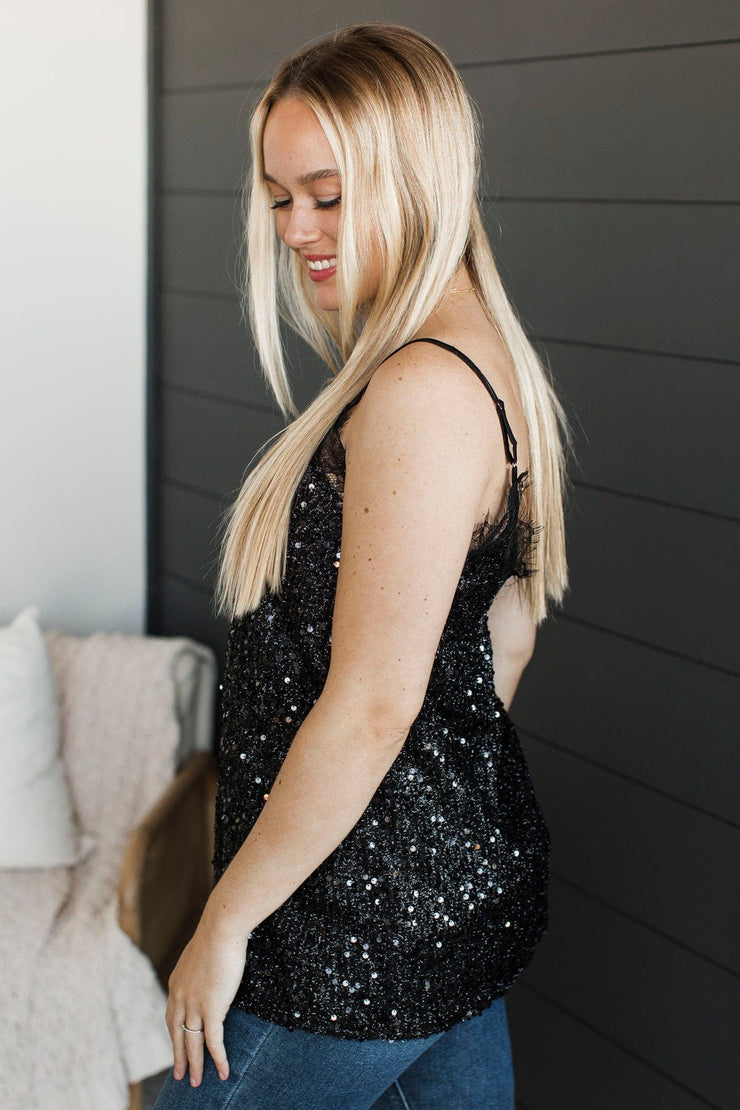 Black Sequin Embellished V-Neck Backless Halter Tank Top