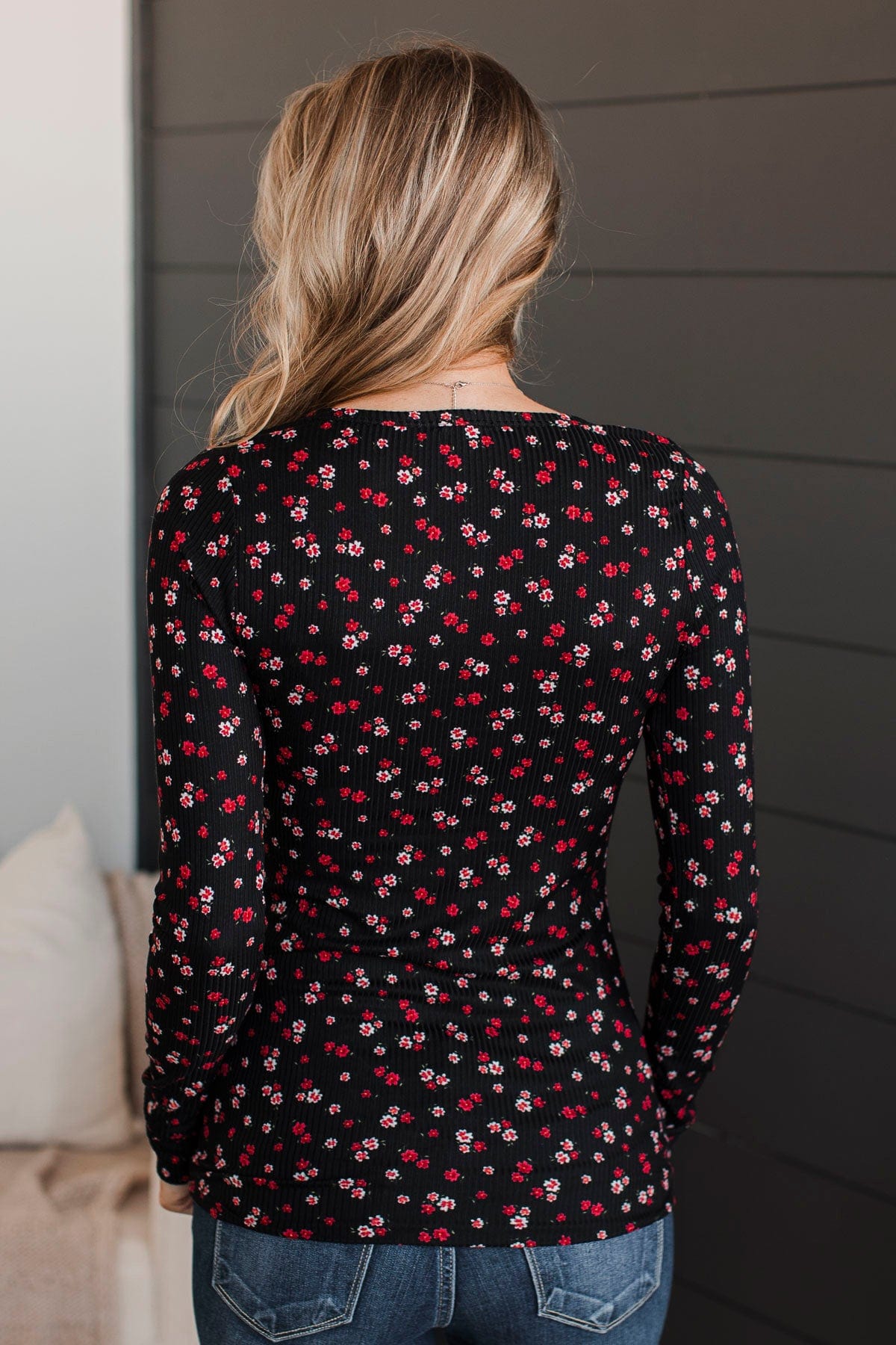 Going Along Floral Henley Top- Black & Red
