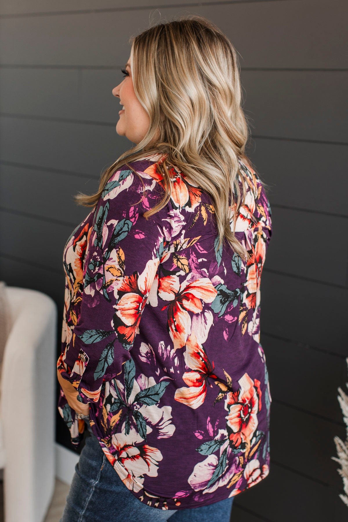 Consistently Cute Floral V-Neck Top- Eggplant