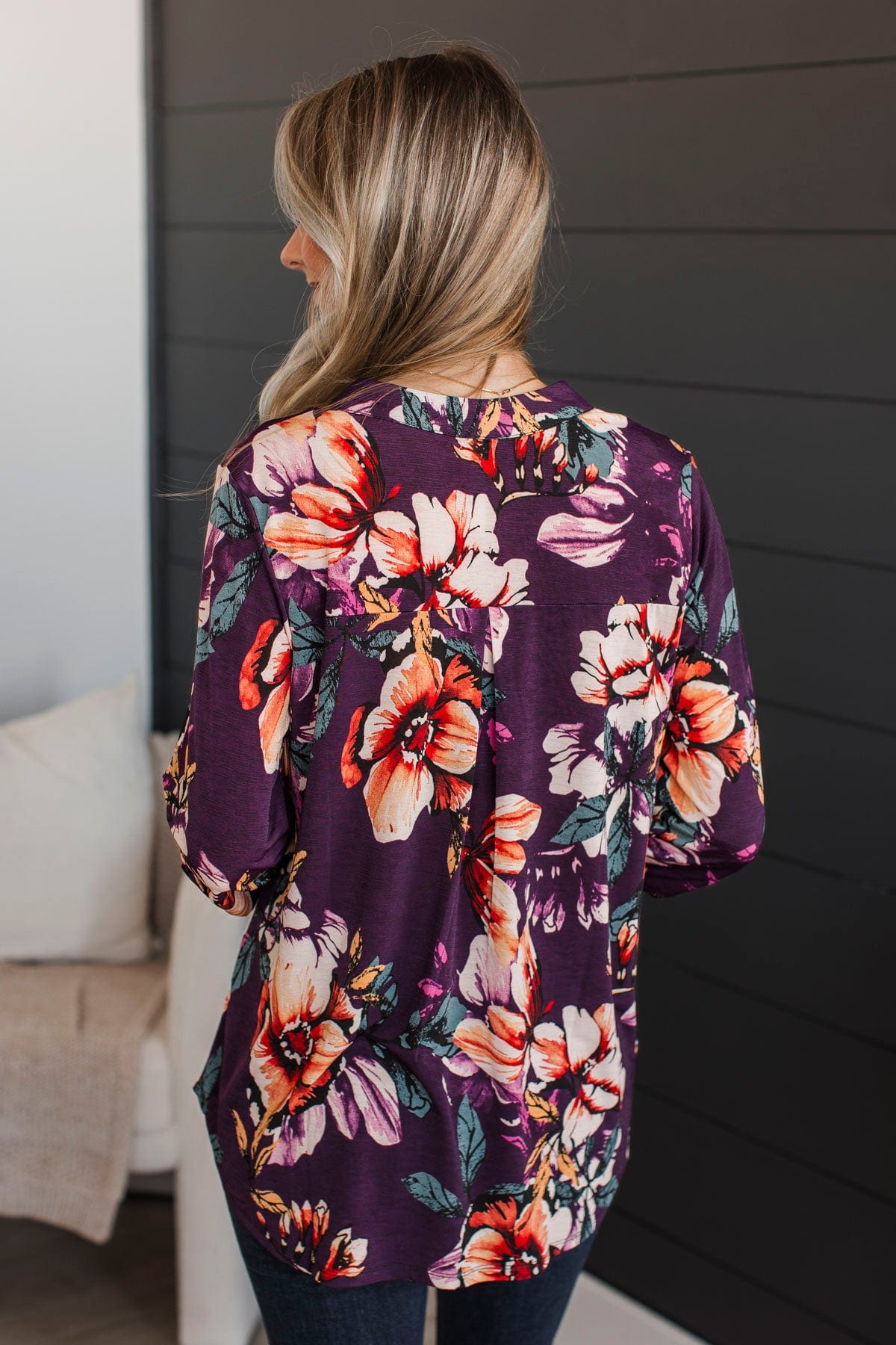 Consistently Cute Floral V-Neck Top- Eggplant