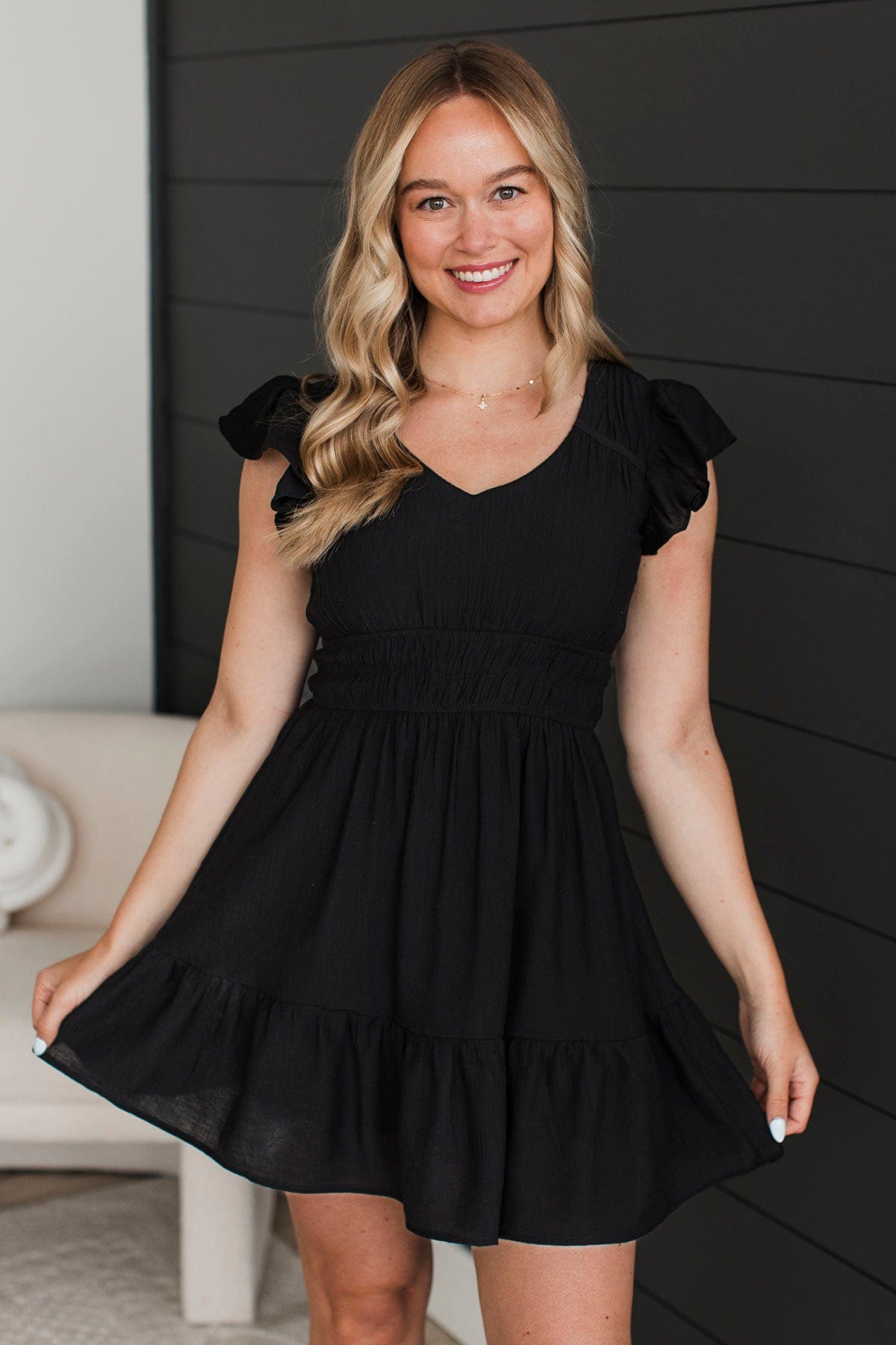 black ruffle sleeve dress Sander | Mesh Long-Sleeve Ruffle-Hem Midi Whether you are the main attraction Black Ruffle Sleeve V Neck