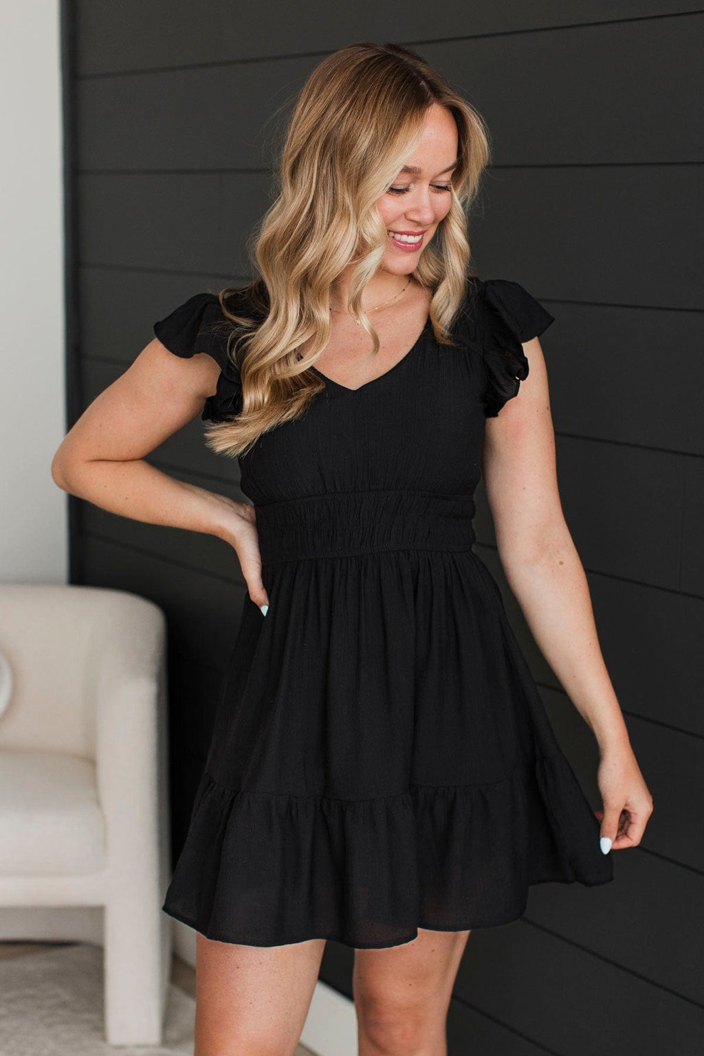 black ruffle sleeve dress Riveting Beauty Mini Dress- crafted from 100% recycled Business suits One Shoulder Layered Ruffle Size:EU 42