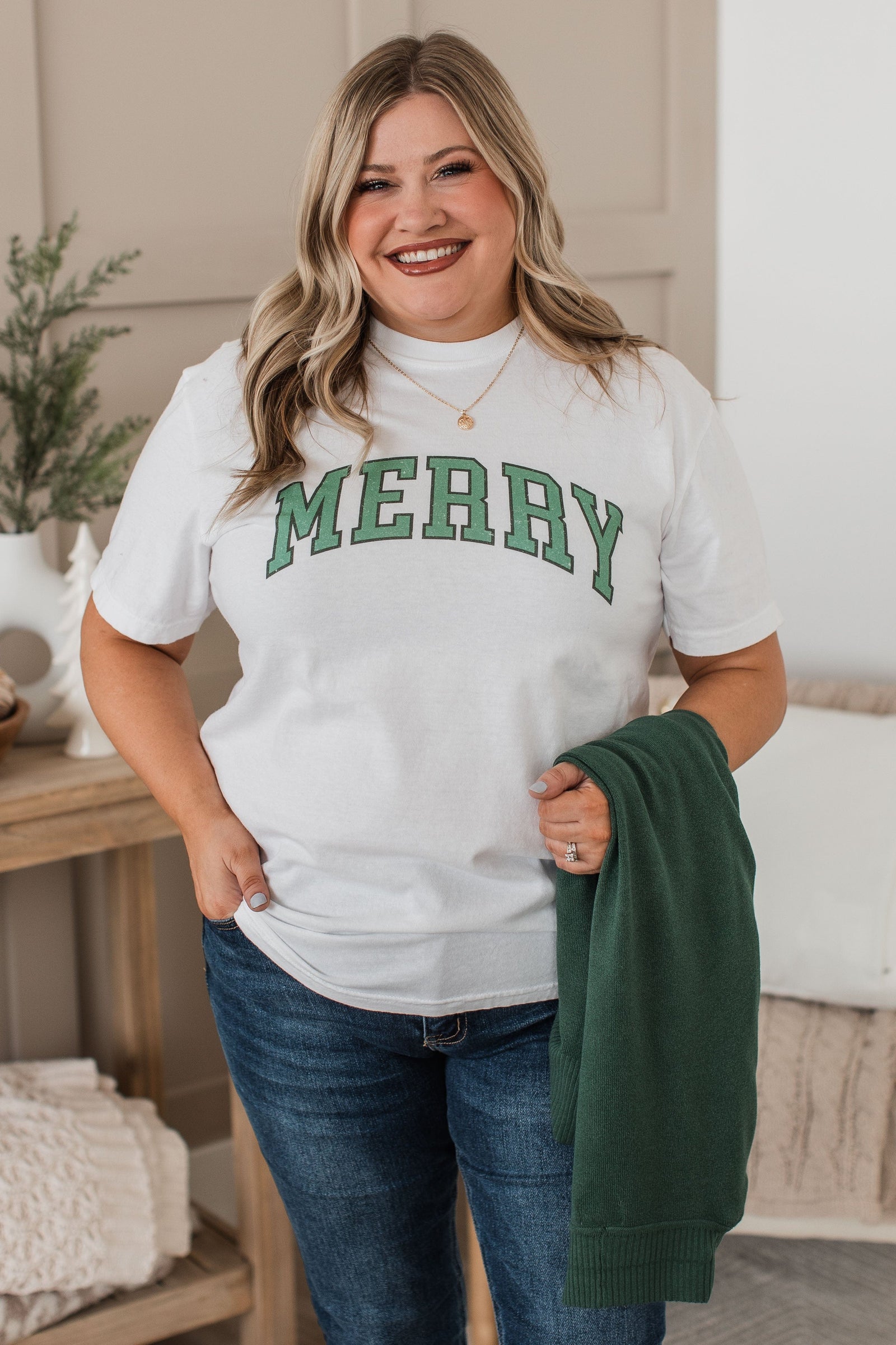 "Merry" Varsity Graphic Top- Ivory
