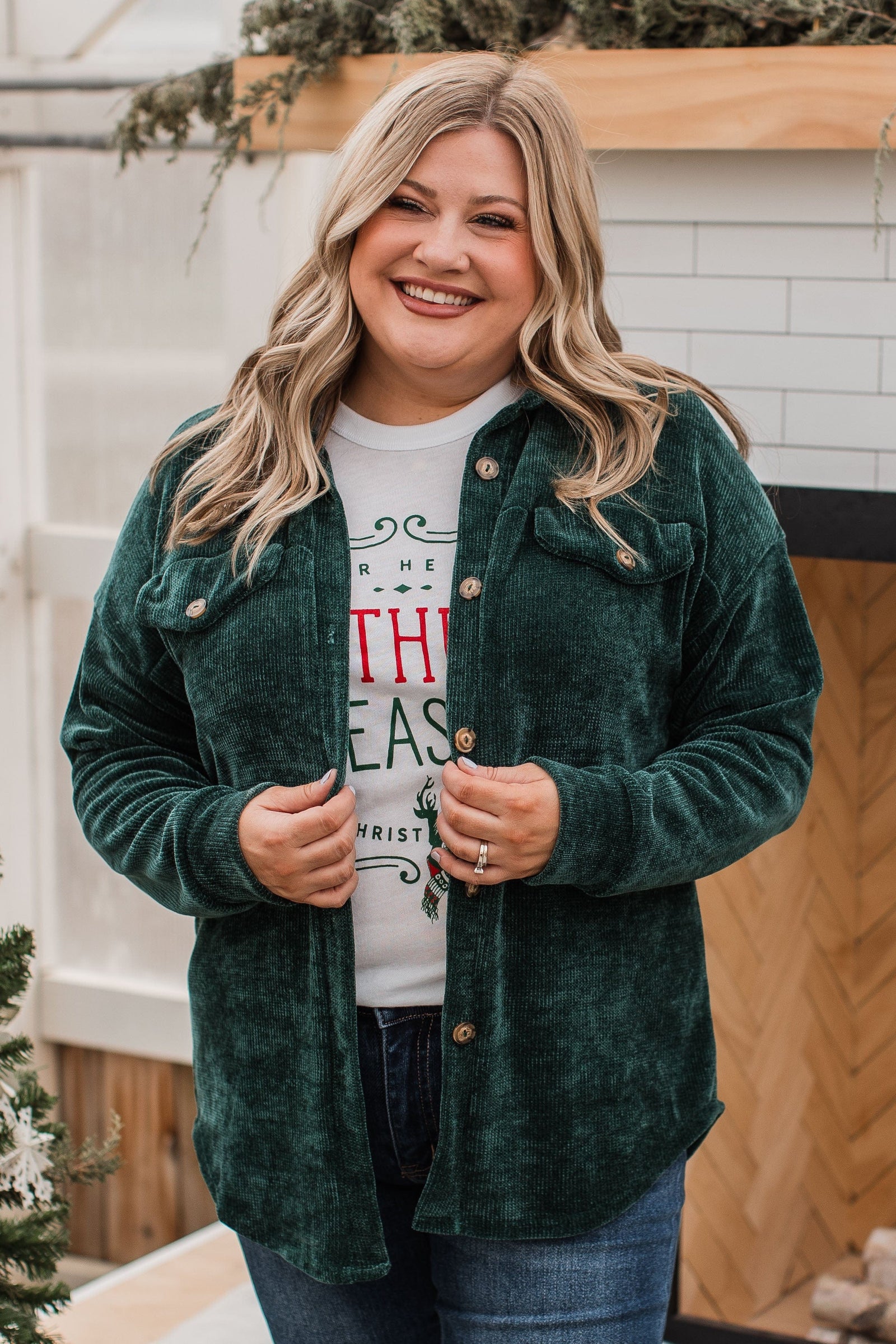Cause For Applause Knit Button Top- Forest Green