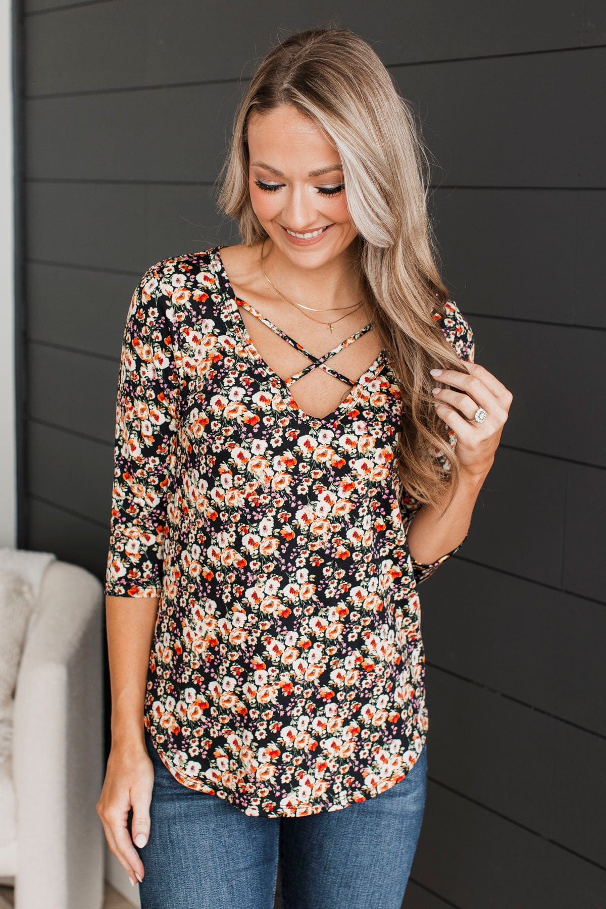 Night To Shine Floral Criss-Cross Top- Black
