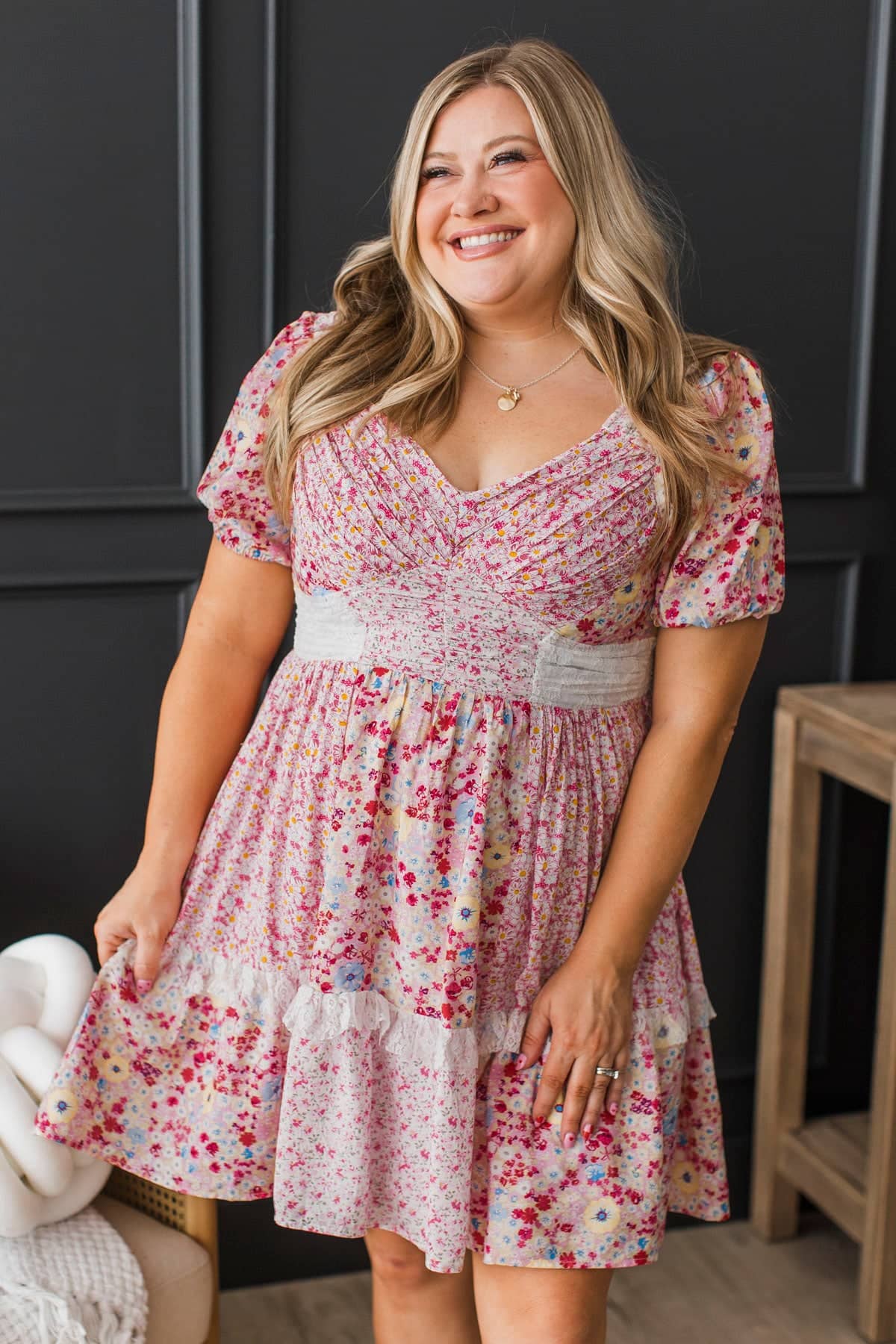 Cuteness Overload Floral Patchwork Mini Dress- Pink Cuteness Overload Floral Patchwork Mini Dress- Pink