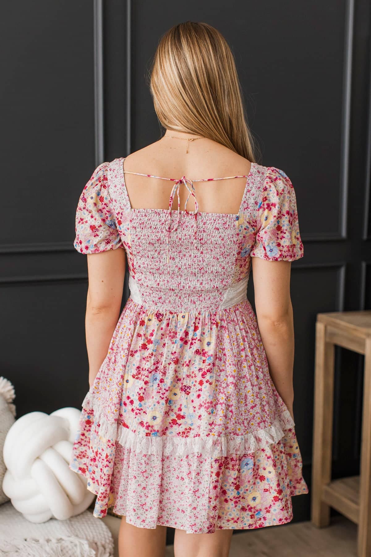 patchwork floral mini dress Patchwork Floral Shimmer Mini Dress