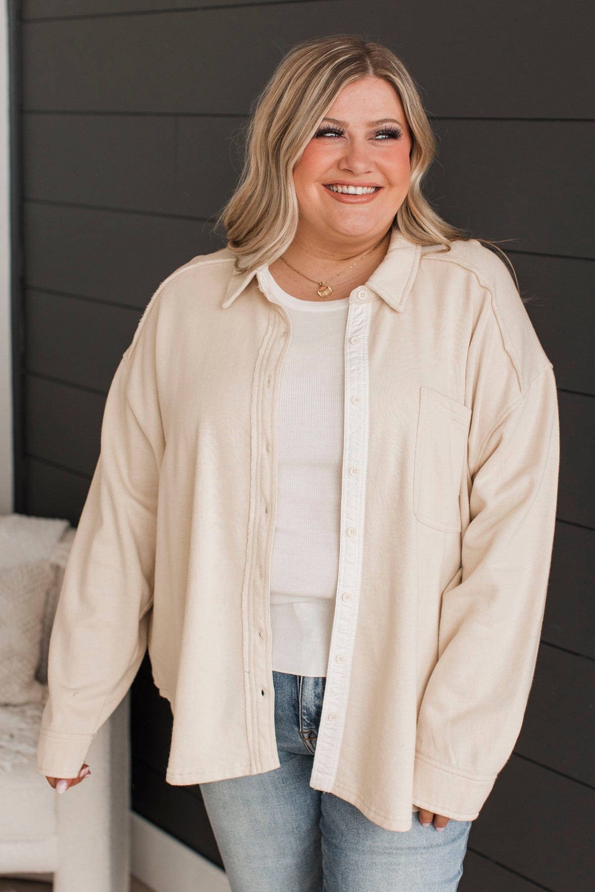 See The City Button Up Shirt Jacket- Light Beige