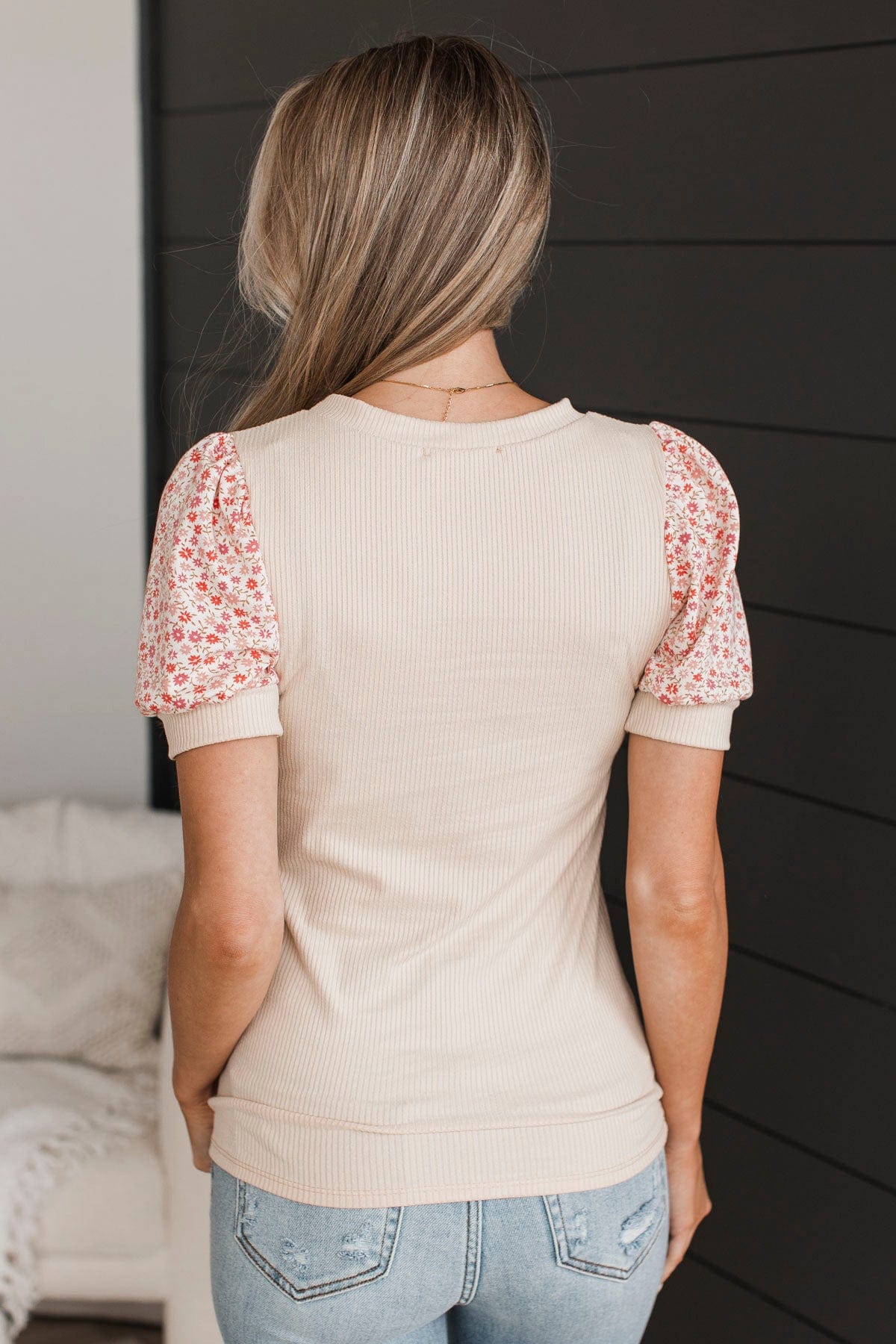 Flirty In Floral Puff Sleeve Top- Nude & Rose