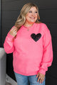 Celebrate Love Heart Crew Neck Pullover- Neon Pink