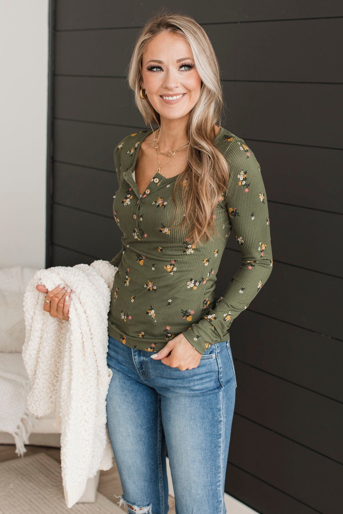 Call Me Lovely Floral Henley Top- Dark Sage