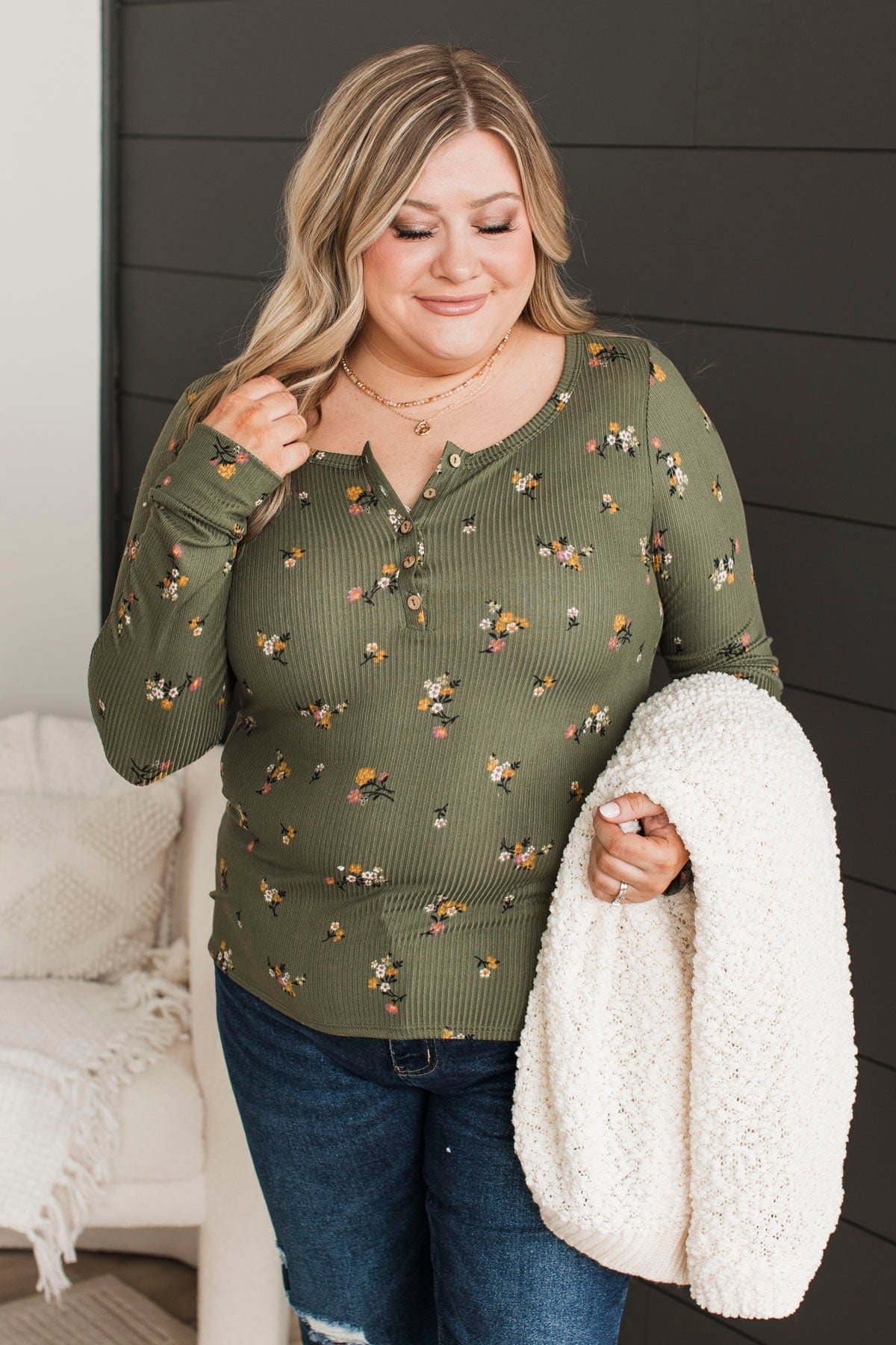 Call Me Lovely Floral Henley Top- Dark Sage