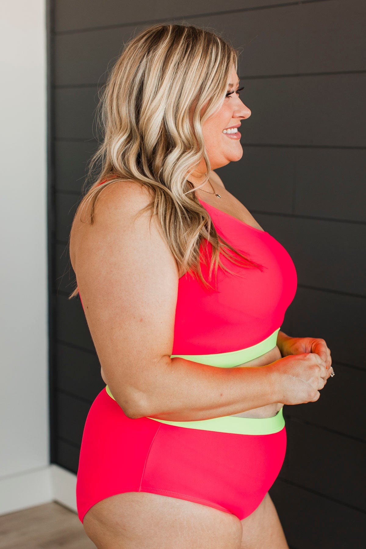 Sunny Vibes One-Shoulder Swim Top- Watermelon Neon Yellow