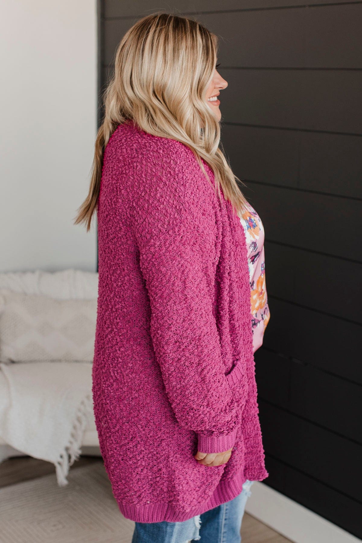 Movie Date Popcorn Knit Cardigan- Magenta  The Pulse Boutique