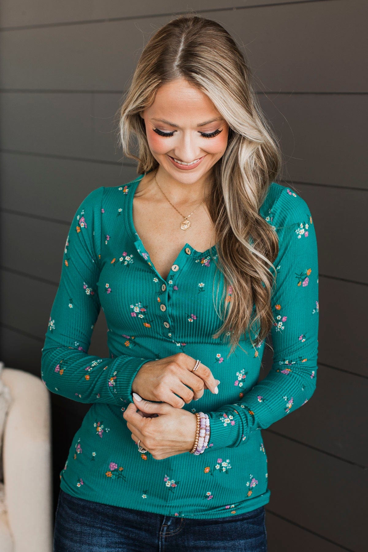Call Me Lovely Floral Henley Top- Jade