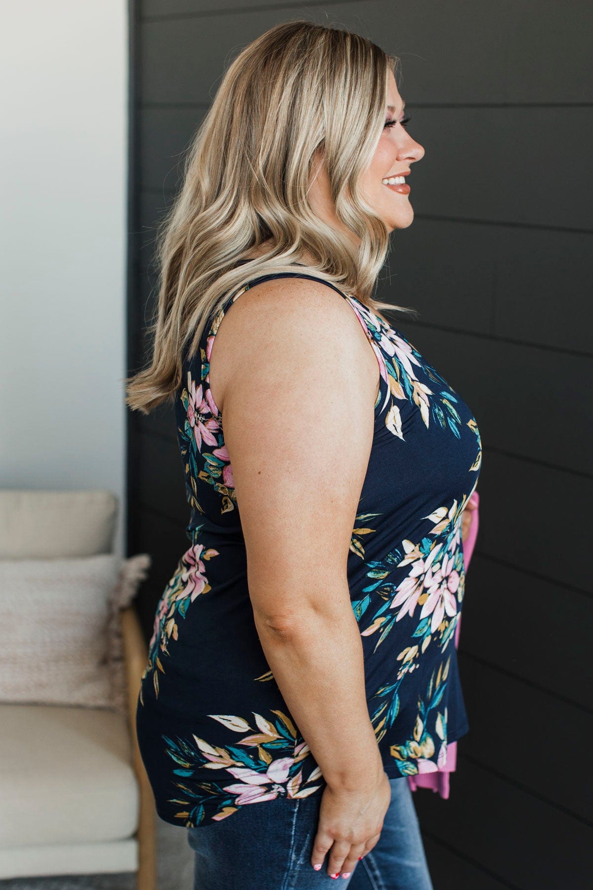 Spring To Life Floral Tank Top- Navy