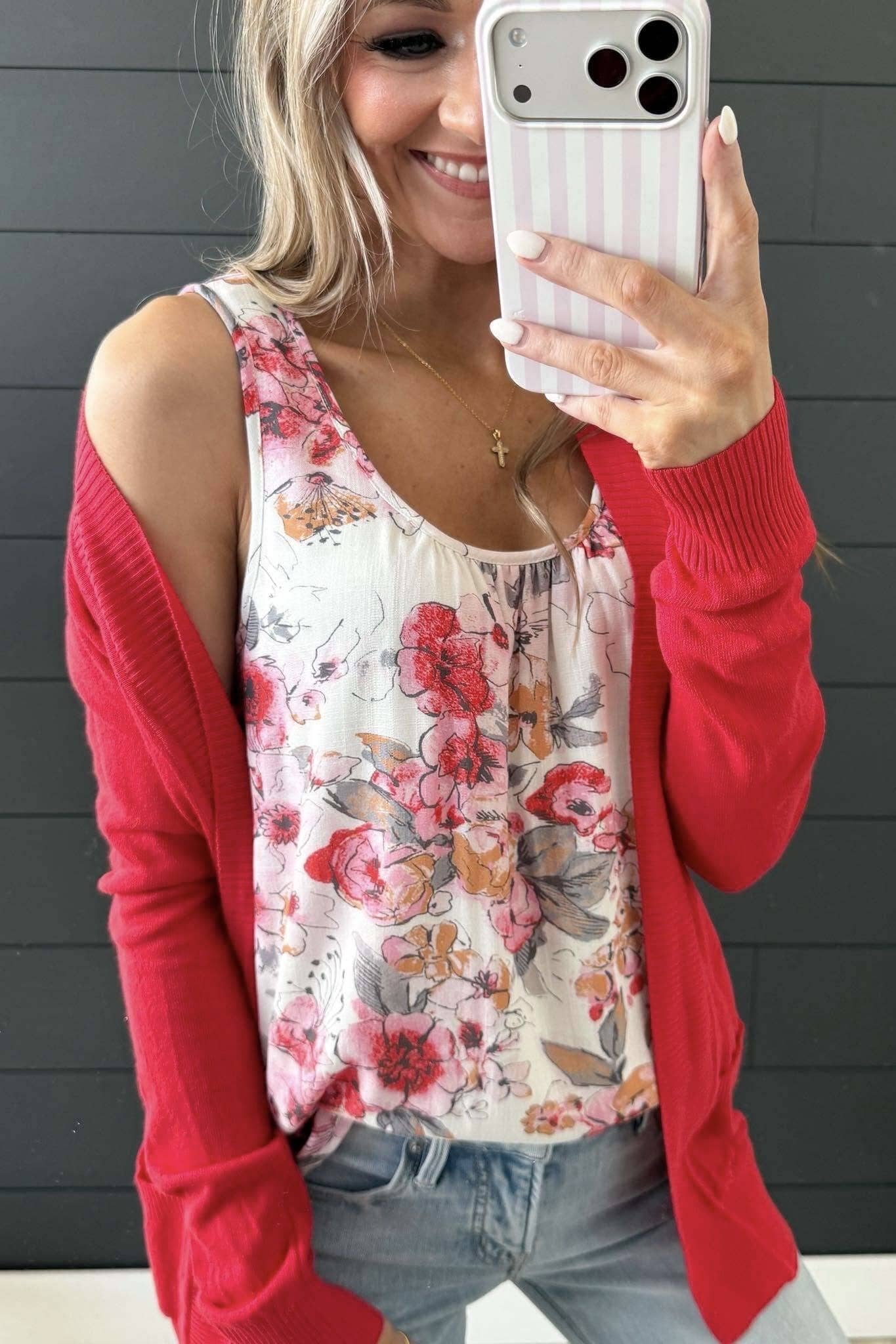 Love Fearlessly Floral Tank Top- Ivory, Red & Grey